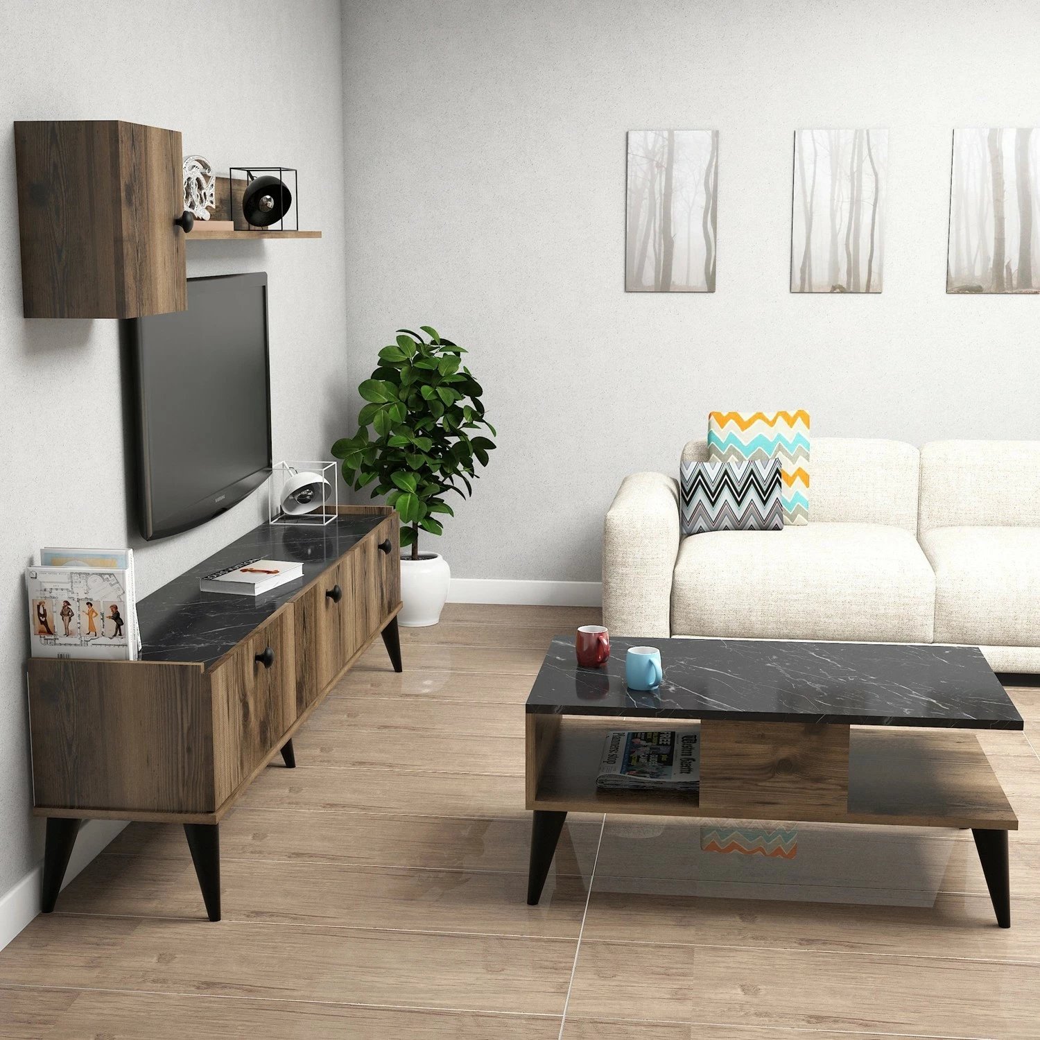 Set mobiljesh për dhomë dite, ngjyrë arre dhe mermeri, Lidya 1
