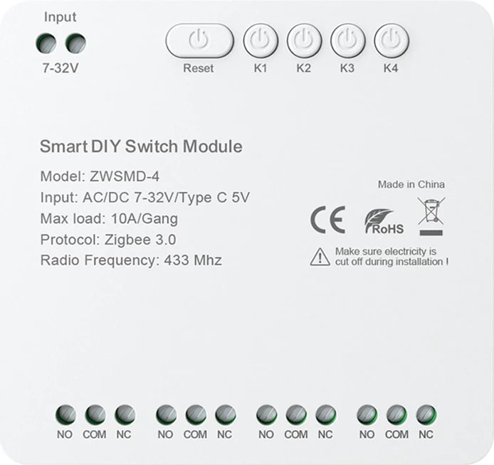 Modul ndërprerës ZigBee 4-kanalësh, Avatto ZWSMMD-4-32V, kontakt pa tension DC 32V, 10A/kanal, hyrje 7–32V AC/DC ose USB-C 5V