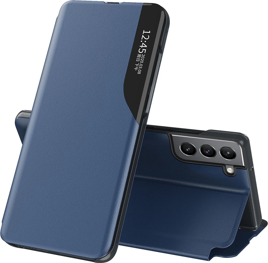 Mbështjellës Hurtel Eco Leather View Case për Samsung Galaxy S22+, me kapak dhe qëndrim, Blu