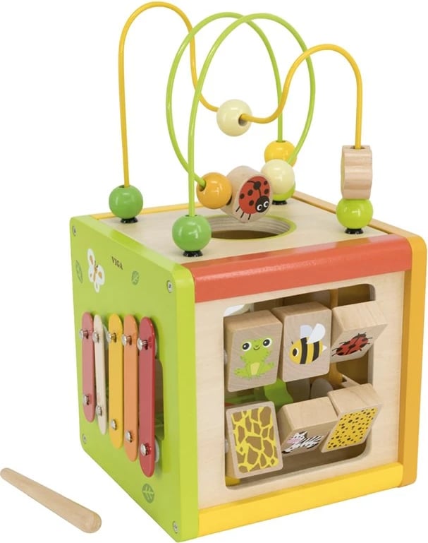 kub edukativ 5-në-1, Viga, dru, me ksilofon, sorter formash, labirint me rruaza dhe kube rrotulluese, multingjyrëshe