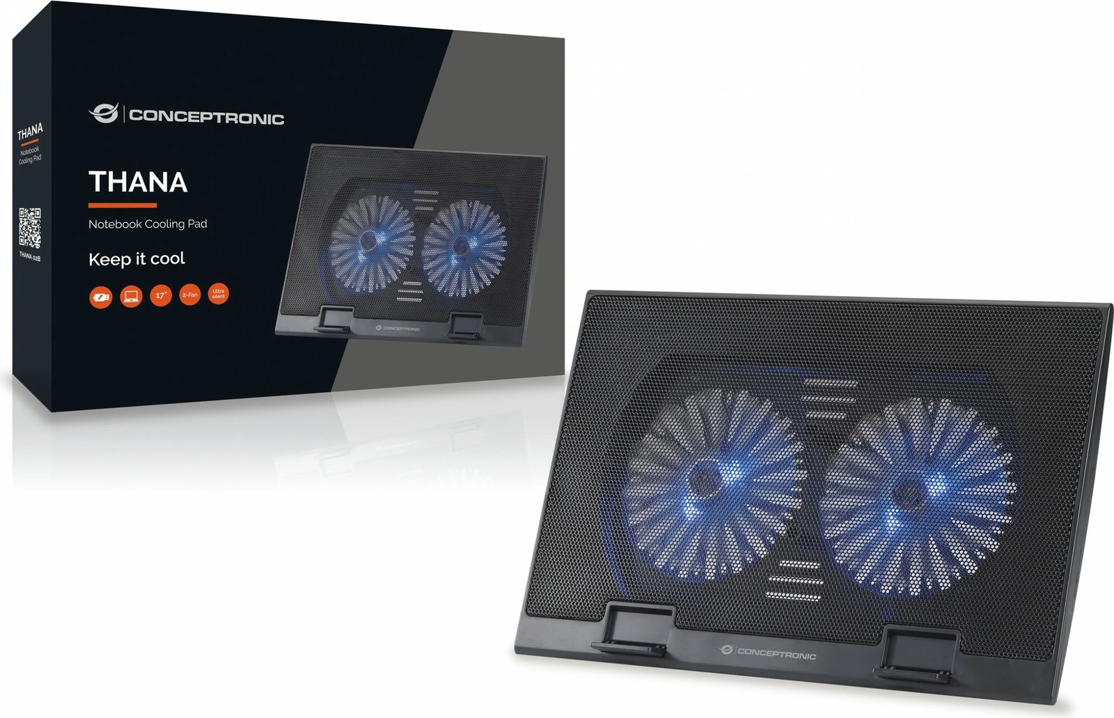 Pad ftohës laptopi Conceptronic 2-Fan, USB-A 2.0, deri 17 inç, zi