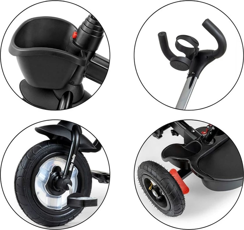 Tricikël me dorezë shtytëse, Milly Mally Movi, sedilje 360°, rrota të fryra, rripa 3‑pikësh, blu