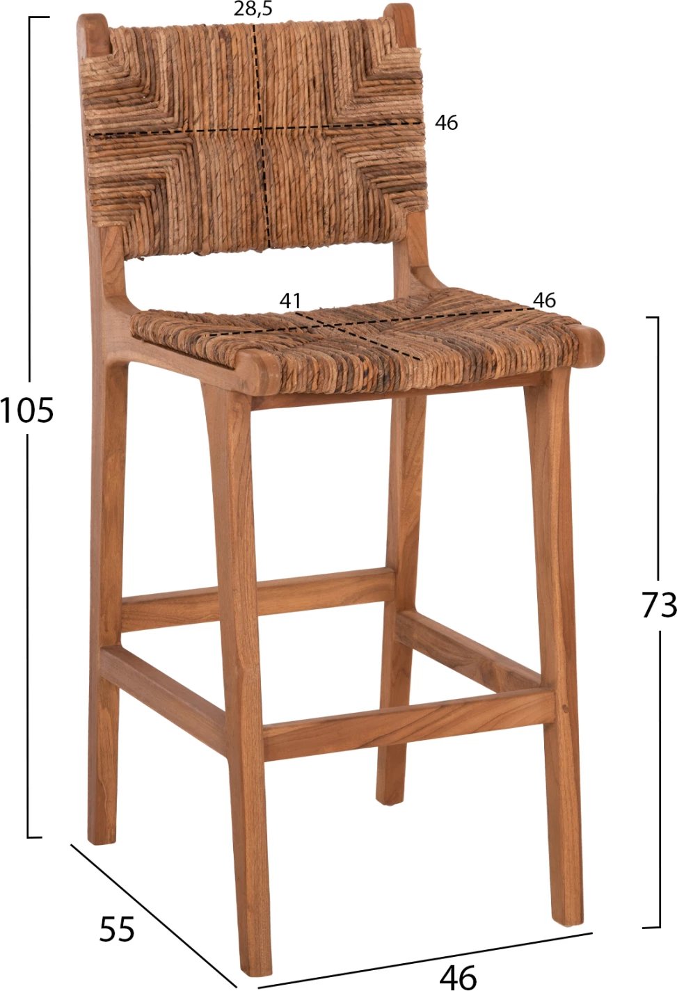 Karrige për bar WALTER FH9841 dru teak natyral-rush matt 46x55x105Hcm.