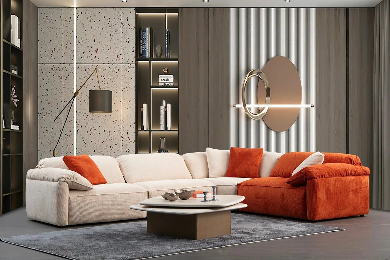 Kënd-sofë Atelier del Sofa, Flamingo Corner 3 (L1+O1+C+1,5R), krem dhe portokalli