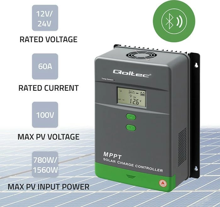 Kontroller karikimi diellor MPPT, Qoltec 53665, 60A, 12V/24V, LCD, Bluetooth me APP, sensor temperature, për GEL & LiFePO4, gri/jeshile