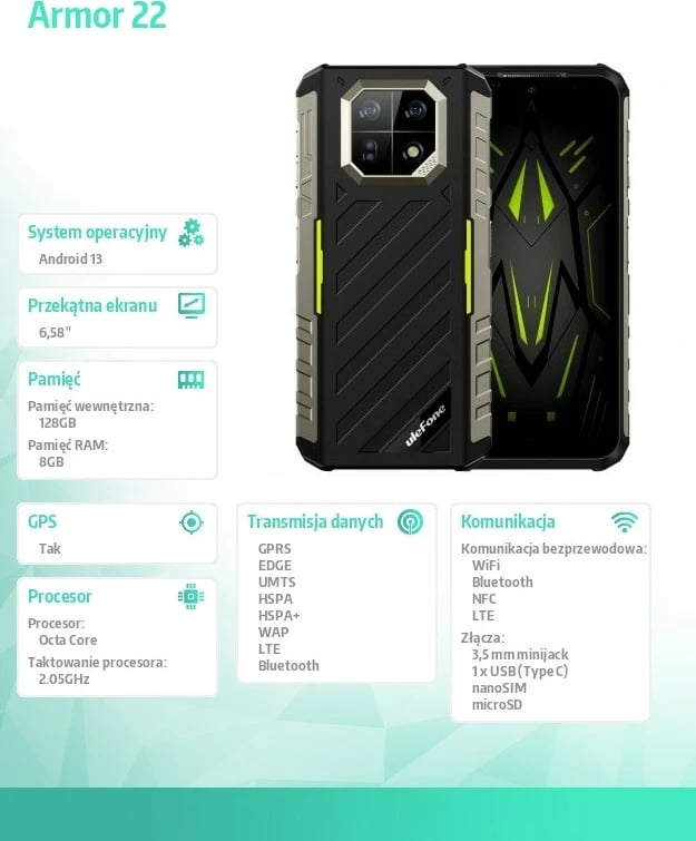 Celular Ulefone Armor 22, 8/128GB, IP69K, Gjelbër
