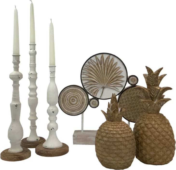 Set mbajtës qirinjsh LA POUPEE, 3 copë, metal i bardhë, dru natyral, 11x11x45 cm