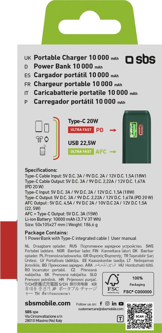 Powerbank SBS 10000 mAh 20W me kabllo USB-C të integruar dhe ekran digjital, e gjelbër