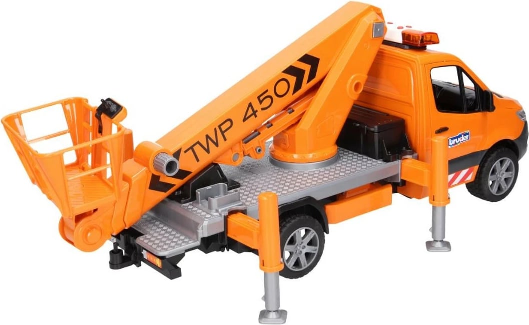 Lodër kamion me platformë ajrore, BRUDER Mercedes-Benz Sprinter BR-02679, shkallë 1:16, krah ngritës 70 cm, modul dritë-tingull, portokalli