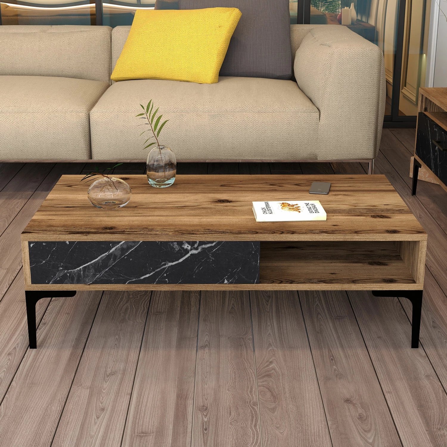 Tavolinë kafeje Hanah Home, Istanbul, ngjyrë arre, mermer i zi