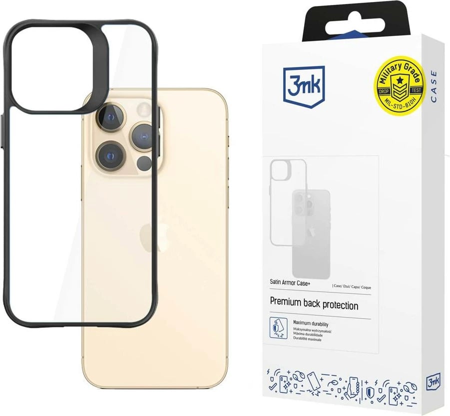 Mbështjellës 3mk Satin Armor Case+ për iPhone 13 Pro Max, i zi, Transparent