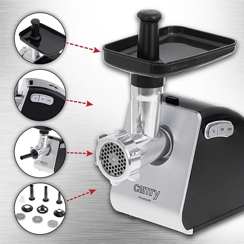 makinë grirëse mishi, Camry CR 4812, #8, 2 kg/min, 500W (1600W max), 3 sita 3/5/7 mm, set me grykë sallami dhe kebbe, argjendtë e zezë makinë grirëse mishi, Camry CR 4812, #8, 2 kg/min, 500W (1600W max), 3 sita 3/5/7 mm, set me grykë sallami dhe kebbe, argjendtë e zezë