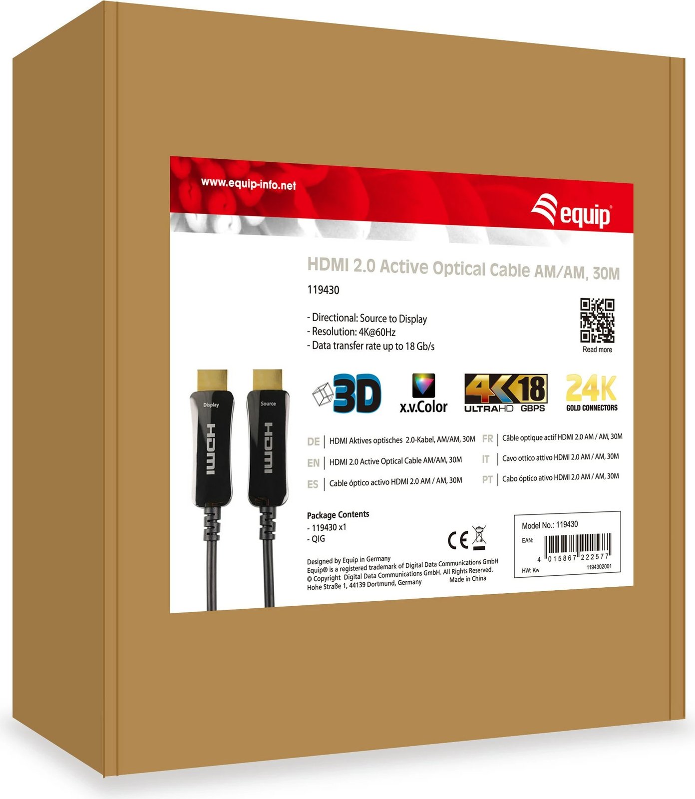 Kabllo HDMI 2.0 Active Optical Equip, 30m, e zezë