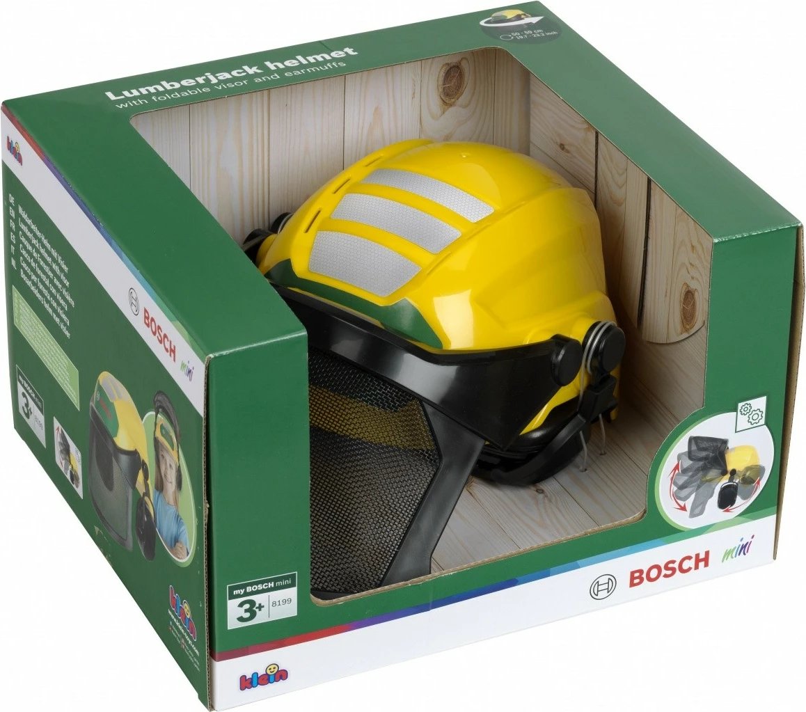 Kaskë loje, Klein Bosch 8199, me vizorë dhe mbrojtëse të veshëve, e rregullueshme, plastike, e verdhë/zezë/jeshile
