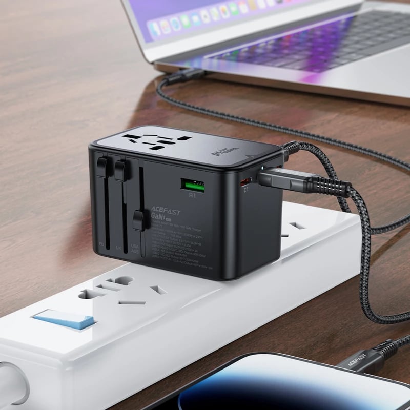 Karikues udhëtimi Acefast Z1 GaN, 75W, 3x USB-C, 2x USB-A, i zi