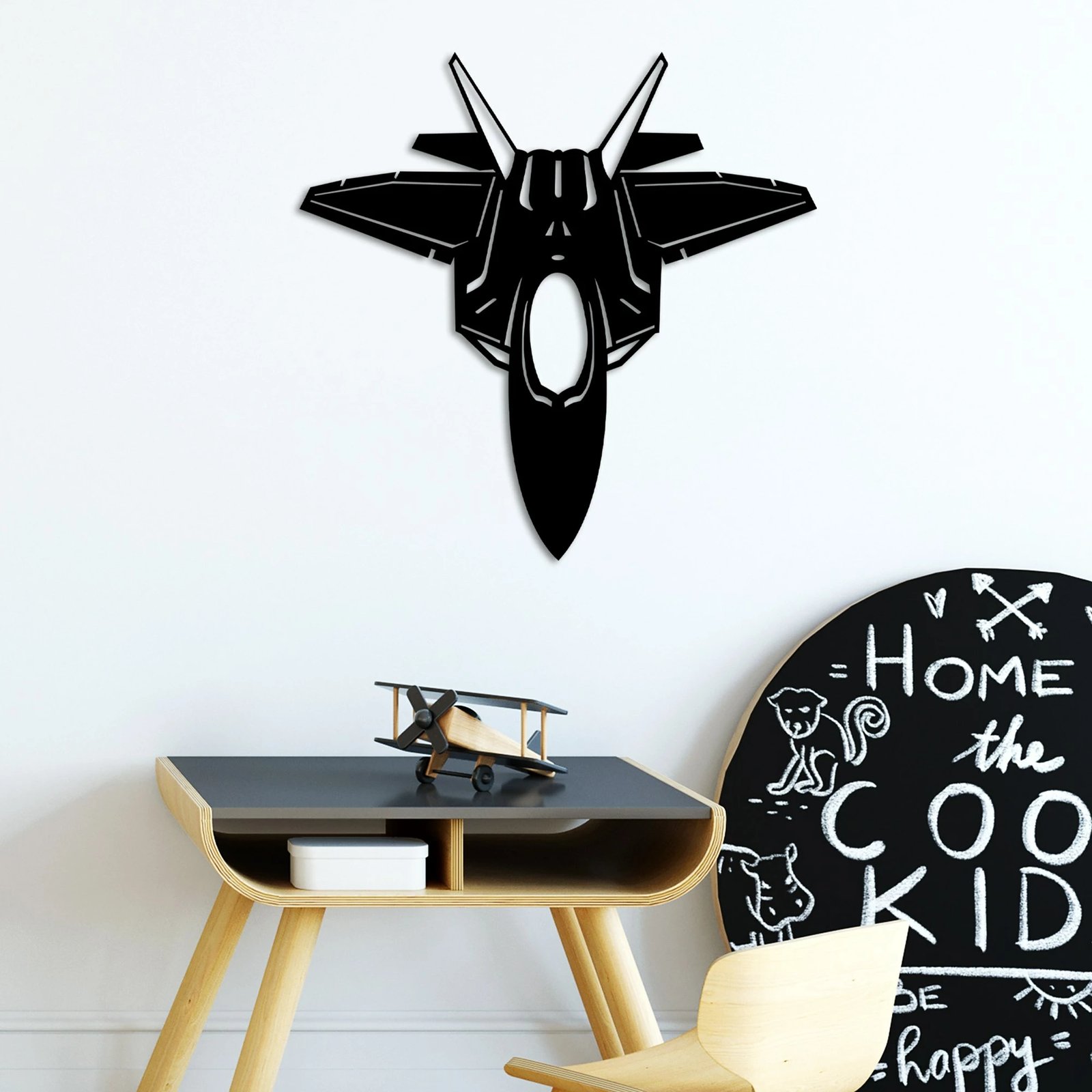 Aksesor dekorativ metalik për mur, Wallity, F-22 RAPTOR, ngjyrë e zezë, 57x56cm