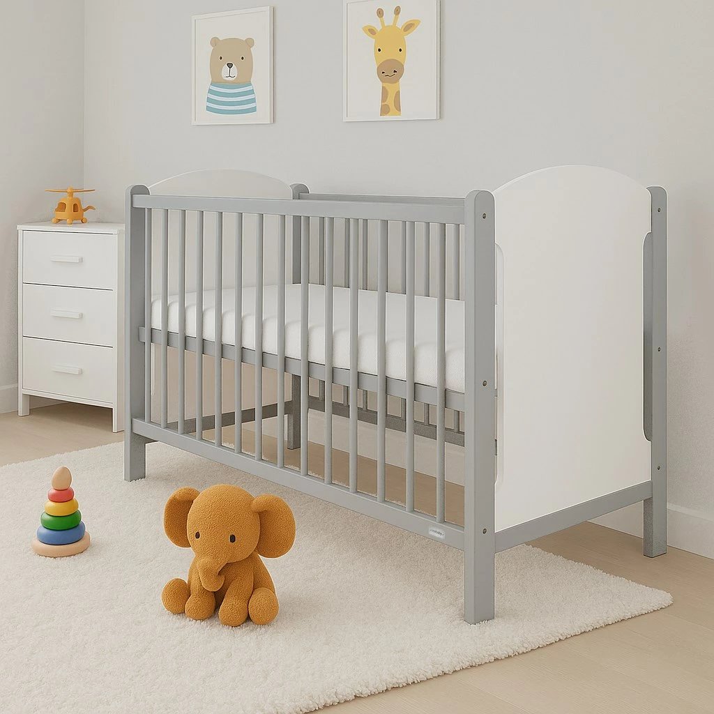 krevat bebe, New Baby, ELSA, 120x60 cm, 3 nivele lartësie, 3 shufra të heqshme, dru pishe, bardhë-gri