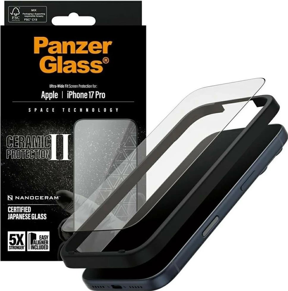 Mbështjellës xhami PanzerGlass Ceramic II Ultra-Wide Fit EasyAligner për iPhone 17 Pro, transparent