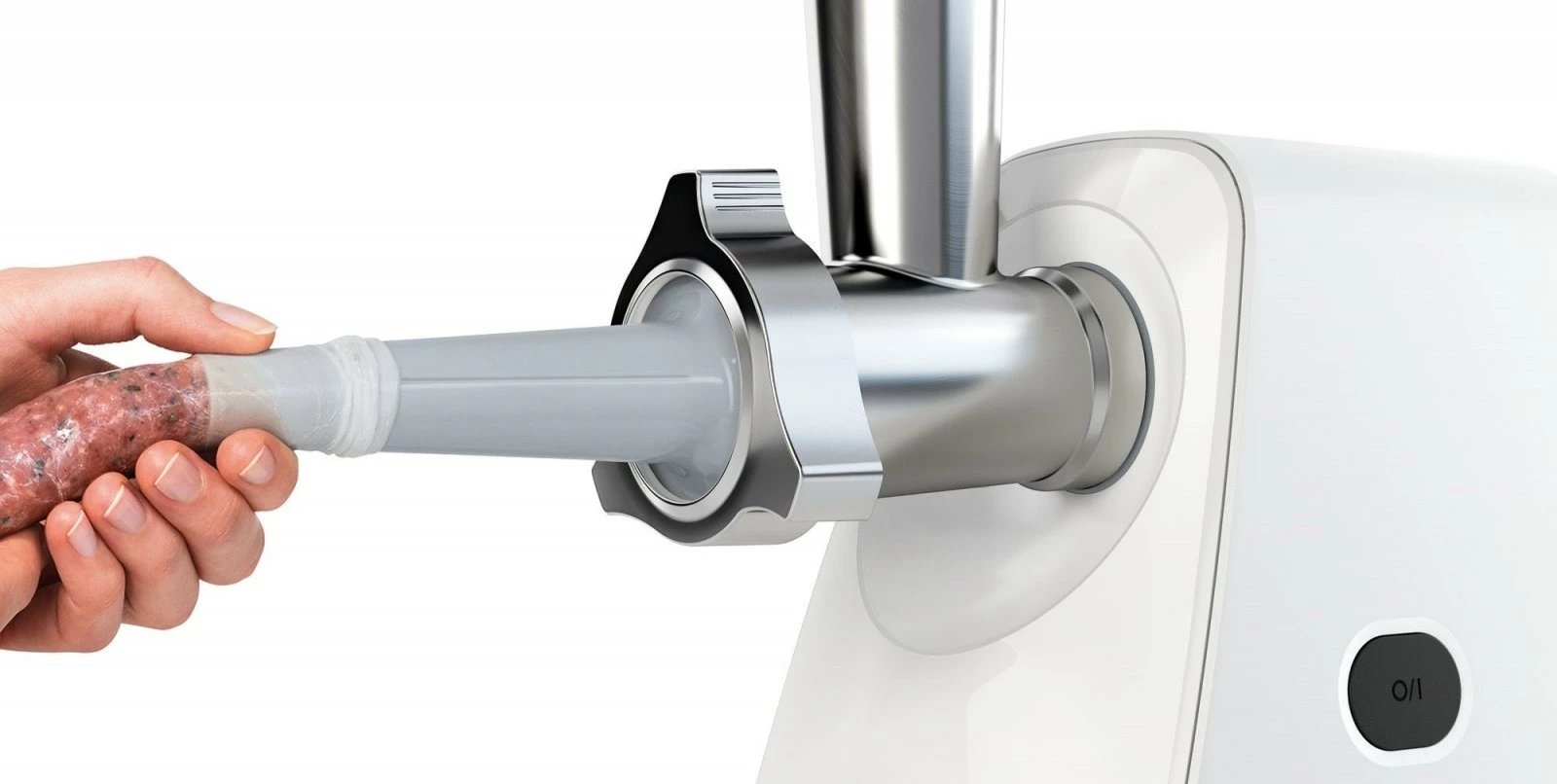 Grirëse mishi, Bosch MFW2517W, 1500W, sita 3.8/8 mm, me grirëse perimesh 3 tamburë, shtytës salçiçe, shtrydhëse manaferre/domate, e bardhë