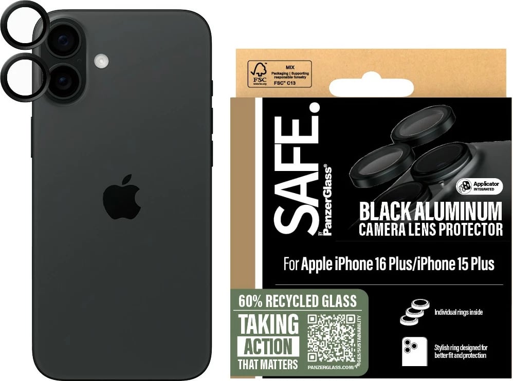 Mbrojtës kamere PanzerGlass për iPhone 16/16 Plus, i zi