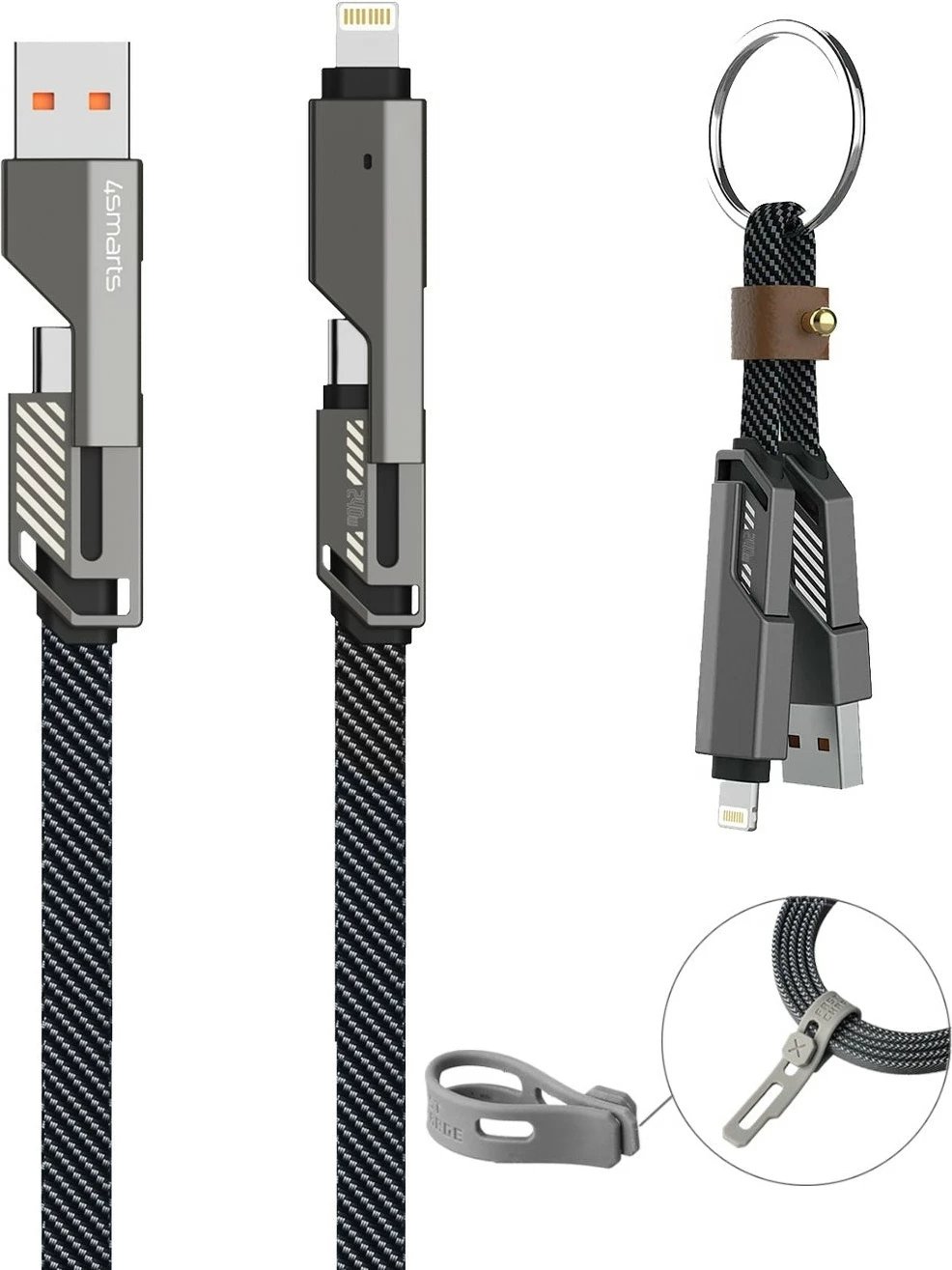 Kabllo USB-C 4smarts ComboCord Flat 240W 1.5m me keyring, e zezë