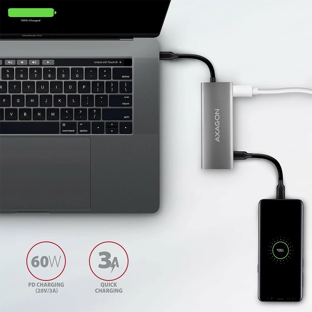 Hub USB-C AXAGON HMC-5G2, 5 porte, 10Gbps, HDMI 4K/60Hz, PD 100W, 13cm, zi/gri