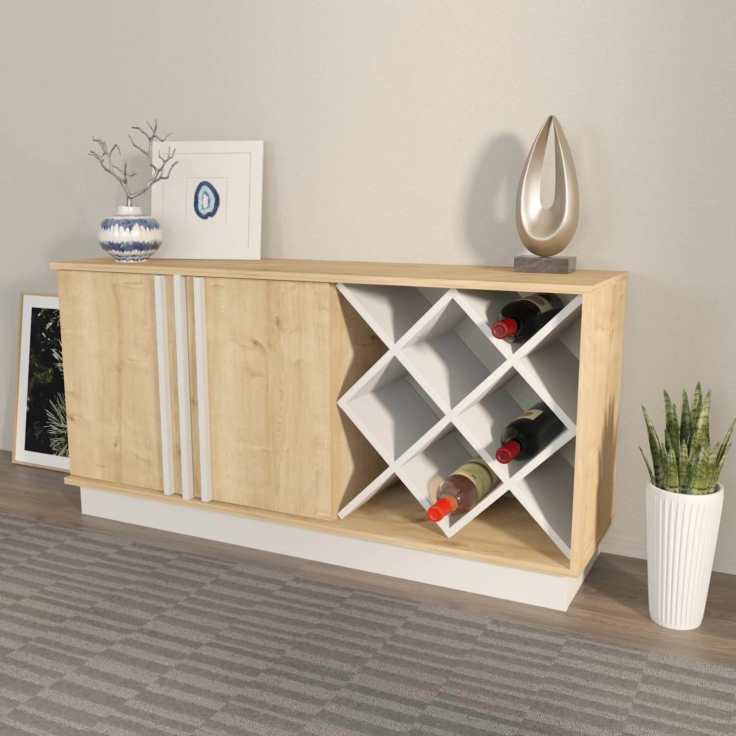 Komodë anësore Skye Decor, ngjyrë lisi Sapphire, e bardhë