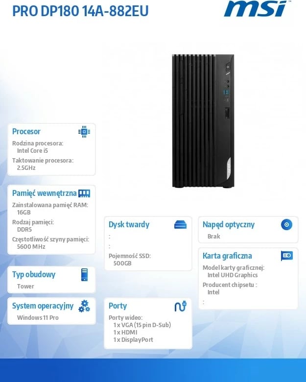 Kasë MSI PRO DP180 14A-882EU, Intel Core i5-14400, 16 GB RAM, 512 GB SSD, e zezë