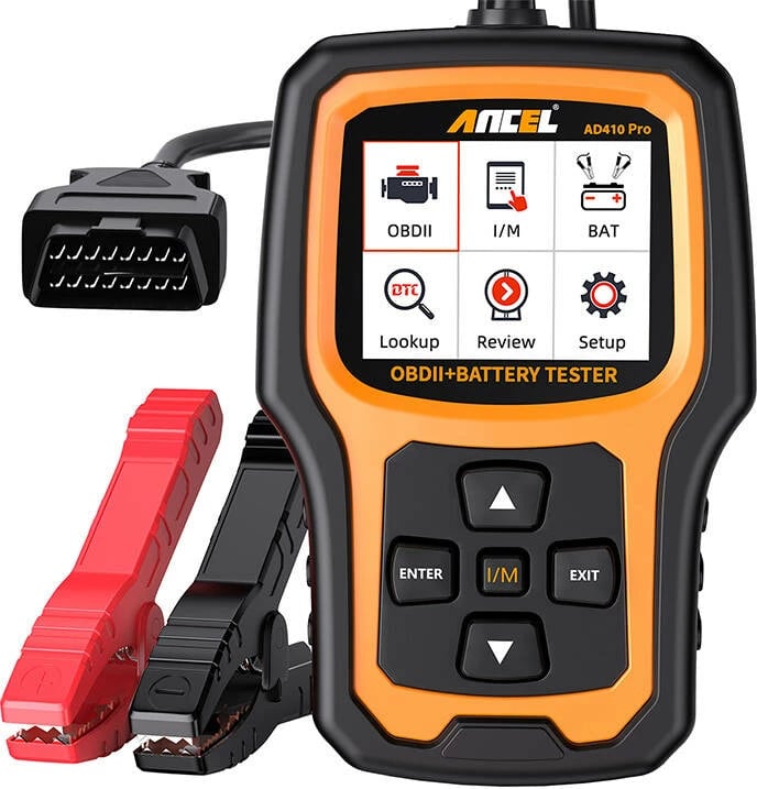 Skaner diagnostikues 2-në-1 Ancel AD410 PRO, OBD2 dhe testues baterie, Portokalli