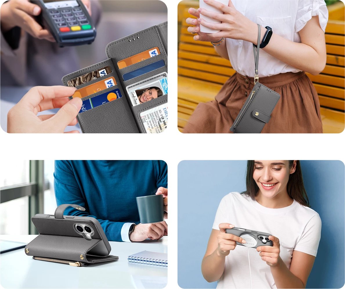 Mbështjellës Dux Ducis Lawa për iPhone 16, lëkurë, me portofol magnetik, Gri