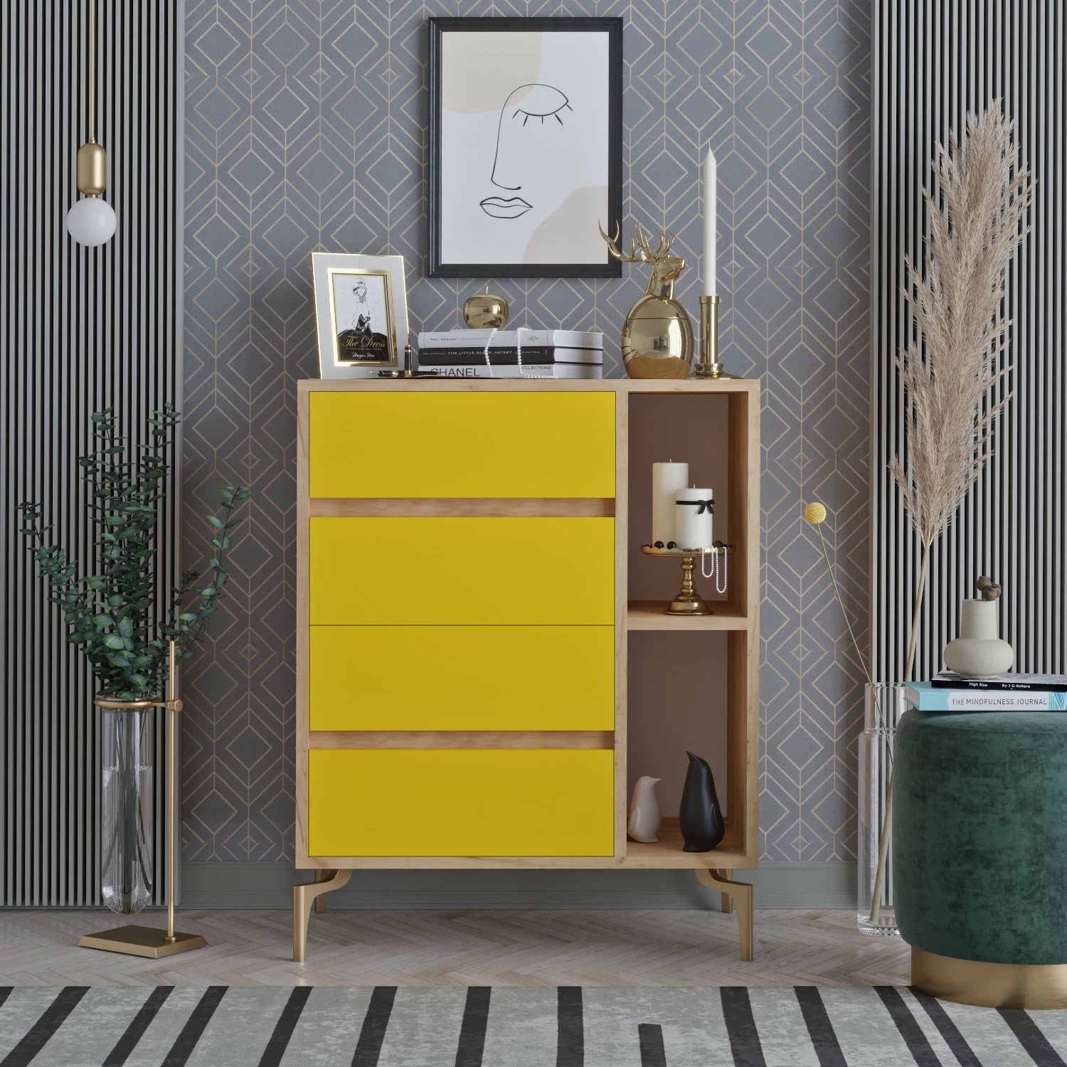 Komodë moderne Skye Decor, ngjyrë lisi dhe e verdhë, YUMİ
