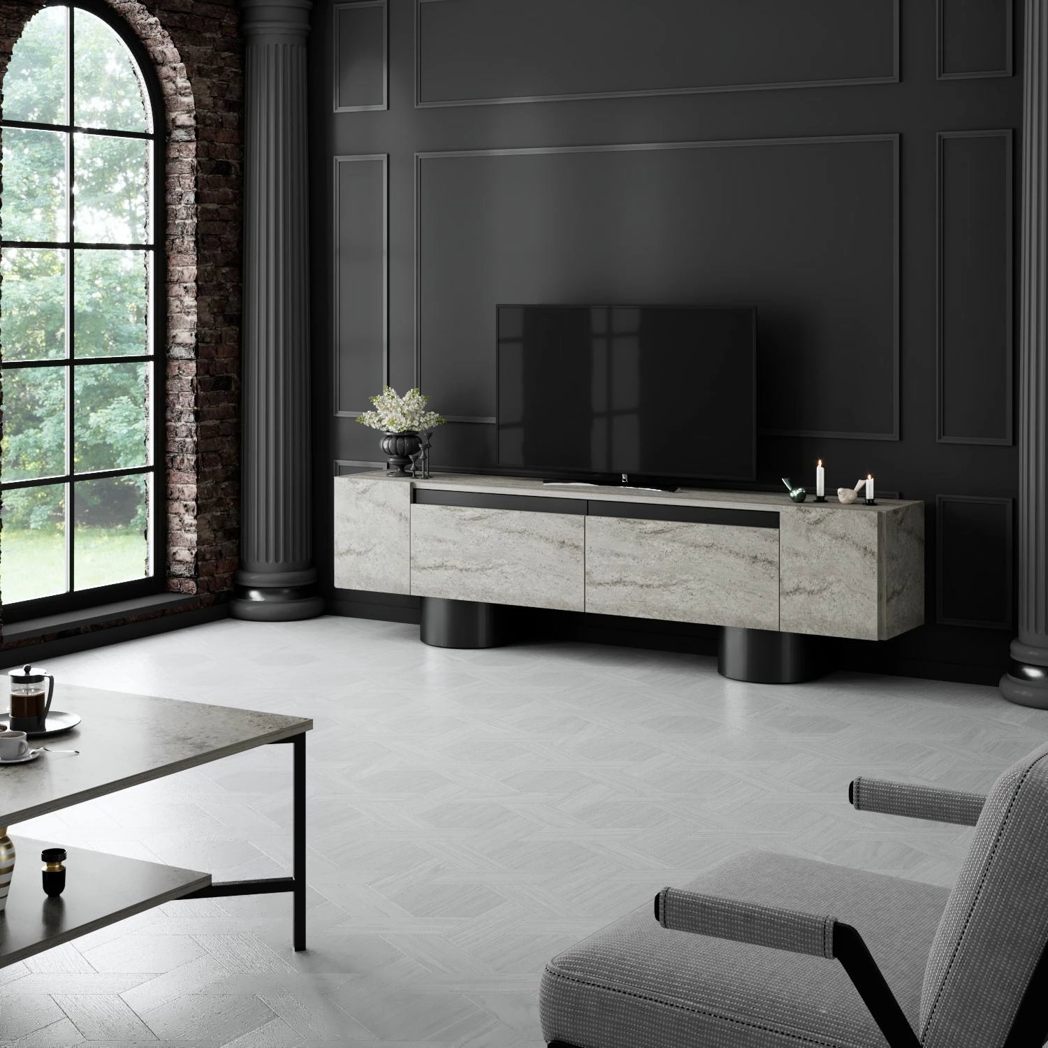 Komodë TV Hanah Home, bohem, travertin, e zezë