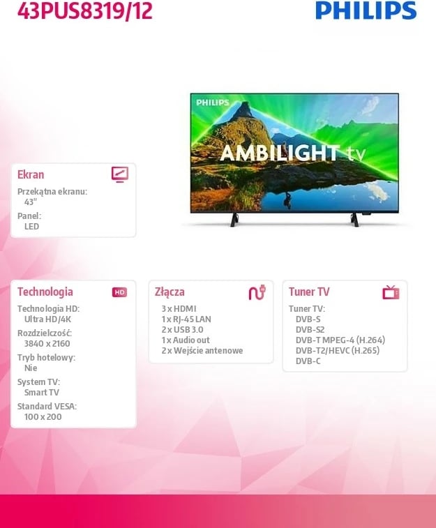 Televizor LED Philips 43PUS8319/12, 43", Ultra HD 4K, Ambilight, Smart TV, i zi