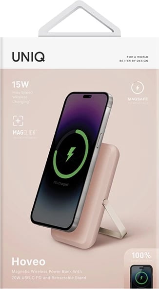 Powerbank UNIQ Hoveo 5000mAh, magnetik, USB-C, rozë