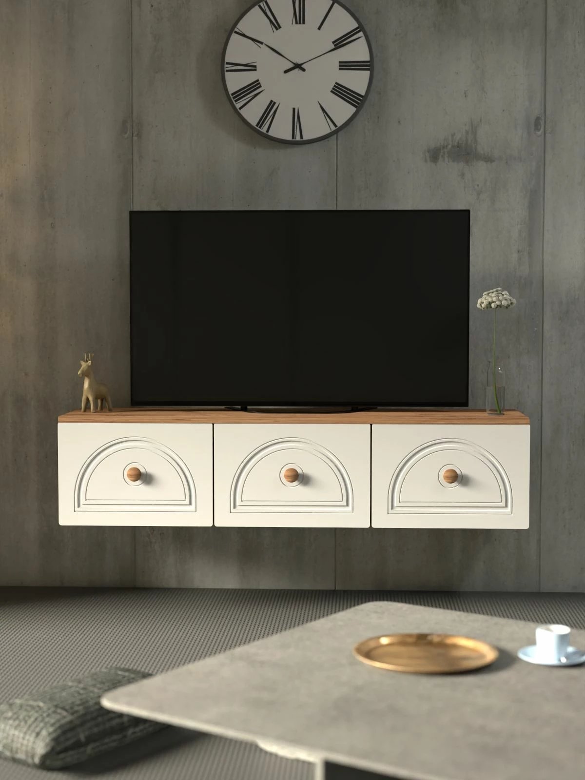 Komodë për TV Virella 135, Skye Decor, ngjyrë Atlantic Pine dhe e bardhë