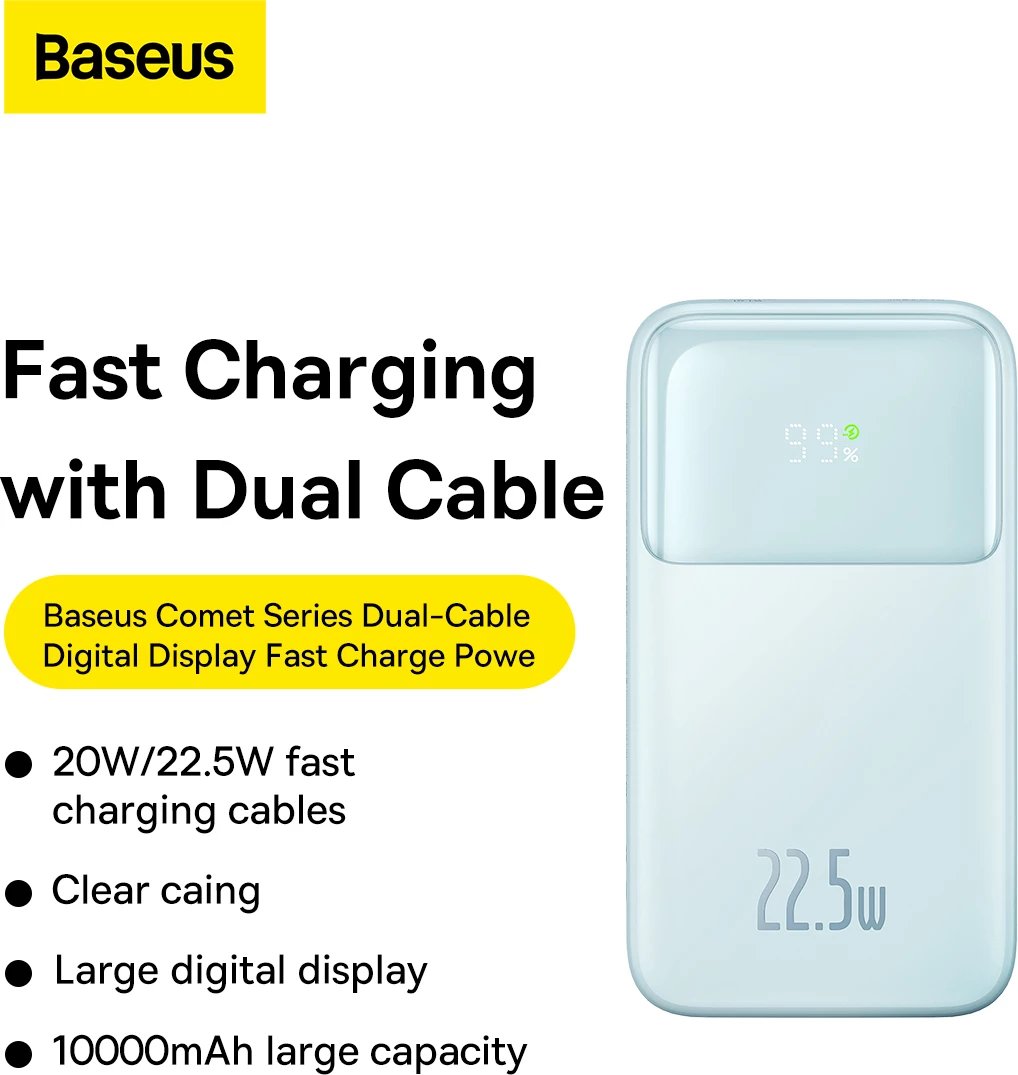 Powerbank Baseus Comet Series PPMD020003, 10000mAh, 22.5W, me ekran, USB-C/Lightning/USB-A, kaltër + kabllo USB-A në USB-C, 0.3m, bardhë Powerbank Baseus Comet Series PPMD020003, 10000mAh, 22.5W, me ekran, USB-C/Lightning/USB-A, kaltër + kabllo USB-A në USB-C, 0.3m, bardhë