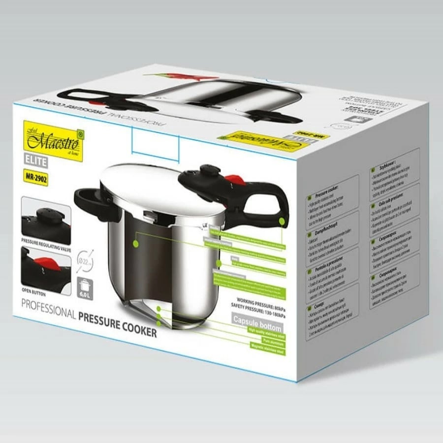 Tenxhere me presion, Feel-Maestro MR-2902, 6L, Ø22cm, 80kPa, çelik inox, e zezë/argjendtë