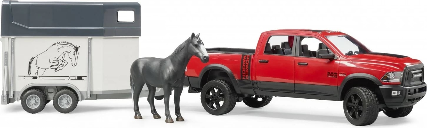 Set lodrash Bruder RAM 2500 Power Wagon me rimorkio për kuaj, 1:16, Kuqe