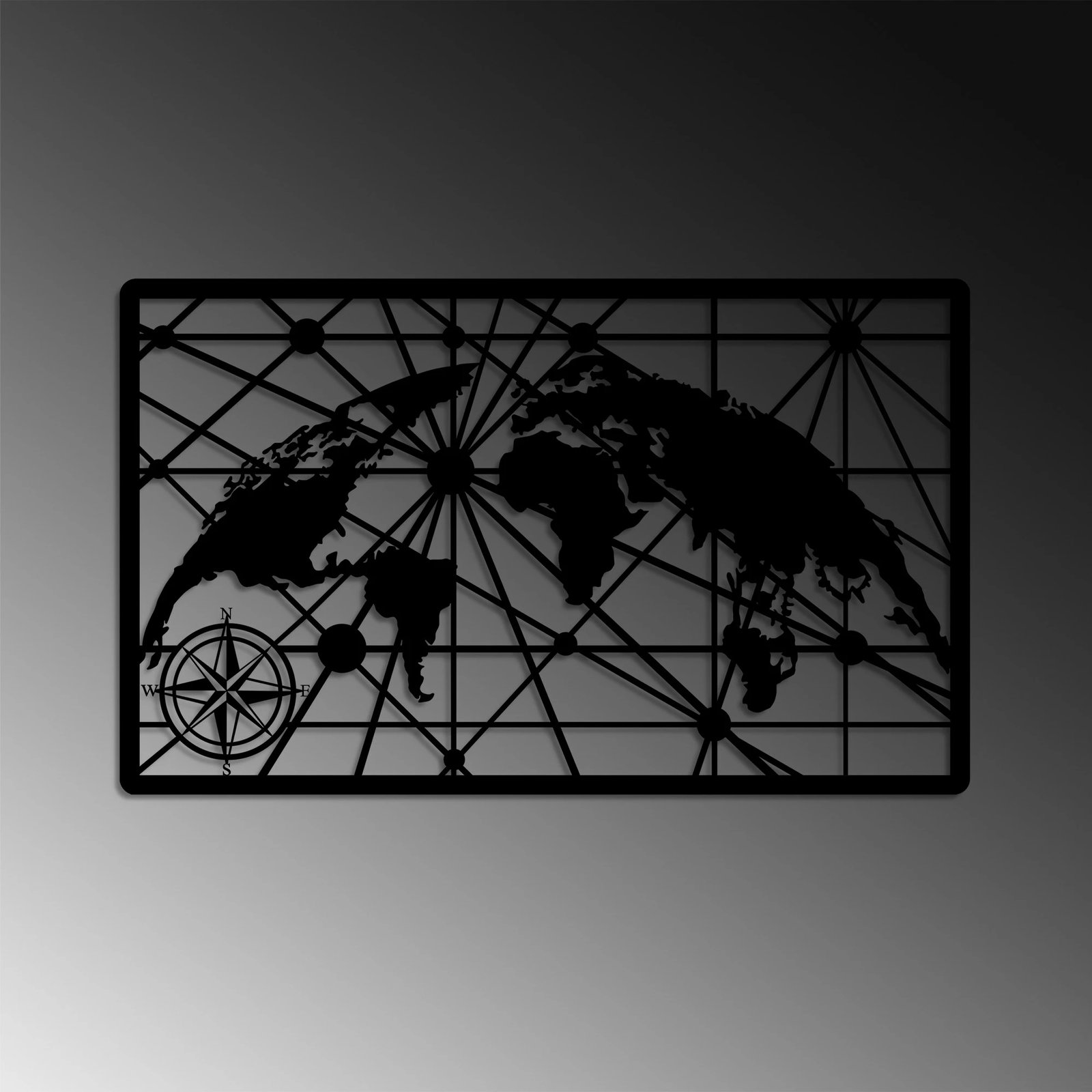 Aksesor dekorativ metalik për mur, hartë bote, Wallity, 40x66cm, e zezë