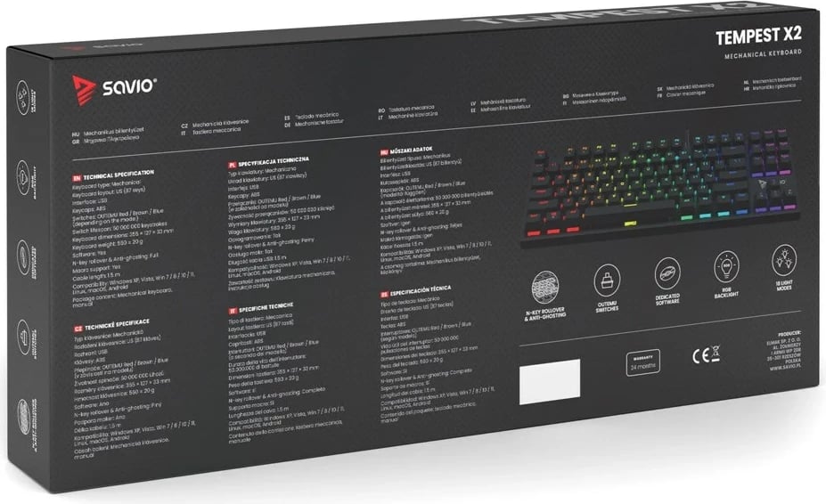Tastierë mekanike SAVIO Tempest x2 RGB, Outemu BLUE, e zezë