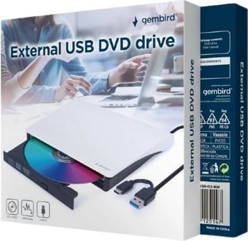 Lexues/shkrues i jashtëm DVD/CD Gembird DVD-USB-031-BW USB-C USB 3.1 24x CD / 8x DVD bardh e zi