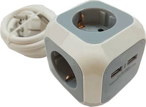 Kub Prizë MEGAMAN 3 Shtylla - 2 USB, 1.5m, Bardhë - Gri