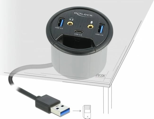USB hub DeLOCK 3 porta, 1x USB Type-C, 2x USB Type-A, HD-Audio, e zezë