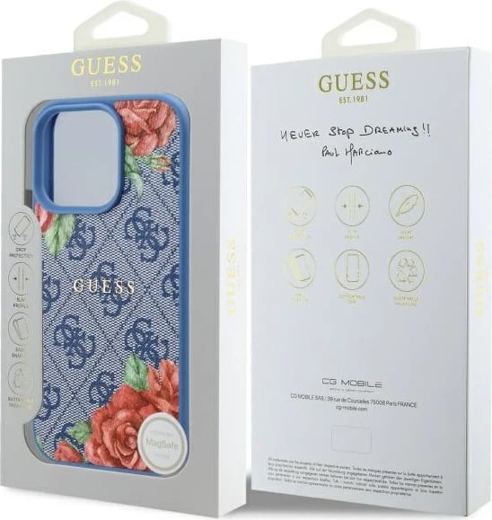 Mbështjellës Guess 4G Flowers Print MagSafe për iPhone 16 Pro, Kaltër