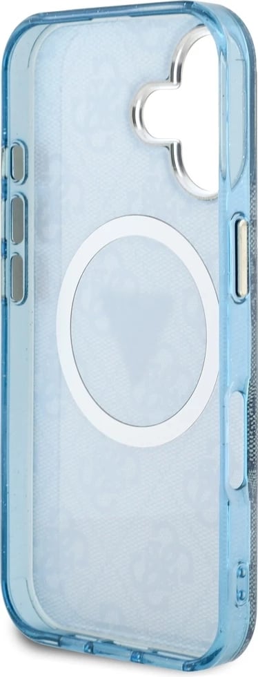 Mbështjellës Guess IML Metal Glitter 4G Circle Triangle MagSafe për iPhone 16, Kaltër