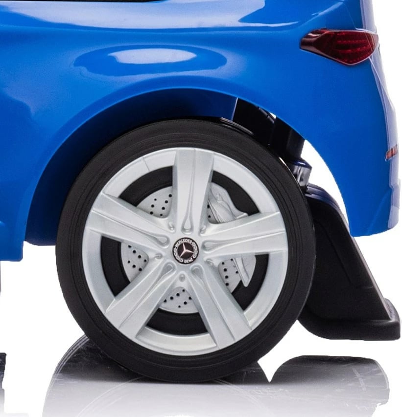 makinë ride-on me dorezë udhëzuese, Milly Mally Mercedes C-Class Deluxe, sedilje eko-lëkurë, goma gome, tinguj timoni, ngarkesë 25 kg, 12–36 muaj, blu