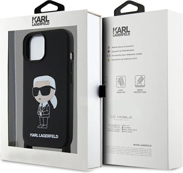 Mbështjellës Karl Lagerfeld Crossbody Silicone Ikonik për iPhone 15 6.1", i zi, me rrip