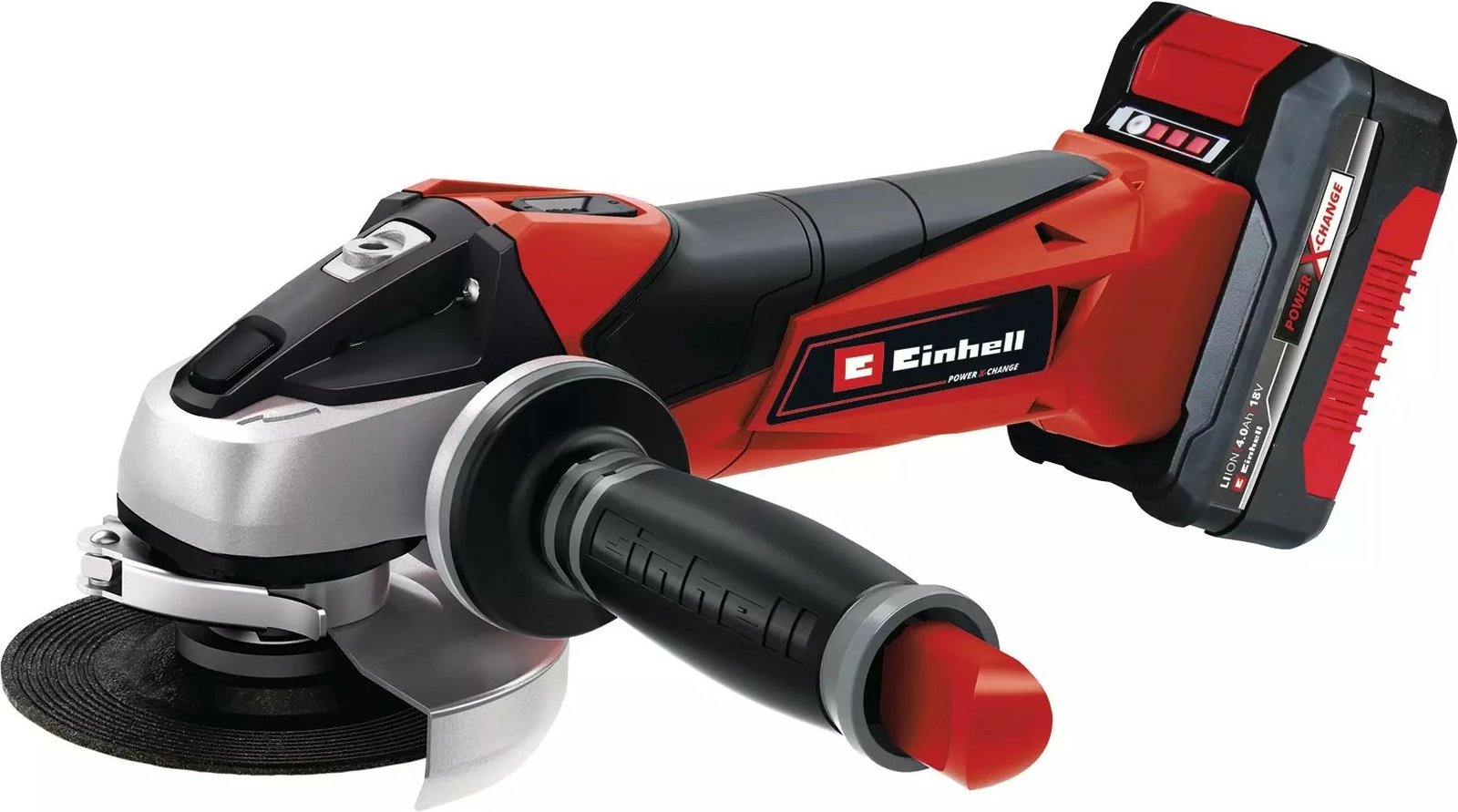 Brushe këndore Einhell TE-AG 18/115 Li, 18V, 2.5Ah, 8500 RPM, pa kabllo, zi/kuqe/argjend