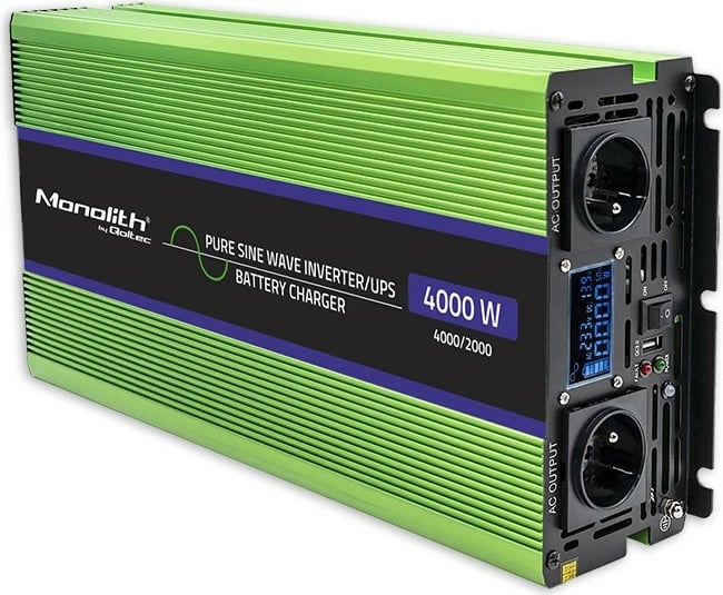 Konvertues voltazhi Qoltec Monolith 51943, 2000W/4000W, 12V në 230V, Pure Sinus, LCD, Jeshile