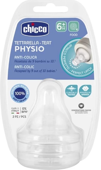 Thithkë silikoni për biberon Chicco Physio Anti-Colic Flow to Porridge 6m+, 2 copë